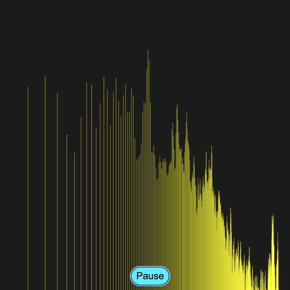 I wanted to try playing with some of the public P5JS sounds, so for this sketch I found one and edited it. This sketch uses filters for the frequency and the resonance to block frequencies above a certain level depending on where you move the cursor on the X axis, and it filters the resonance based on where along the Y axis you are. The higher up you go, the sharper the cut off, which creates a sharp 'whoosh' sound, like wind whistling past an open window. I played with it to change the colour, and make it much wider because in the original version all of the bars clustered together on the left half until I changed it from linear scaling to logarithmic. This visualizer would look different if you use a more bassy audio file, since it's using a frequency analyzer to create the visualizer bars and its filtering for high frequencies.