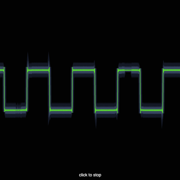 I tried to make the lightning visual work but it just looked like a glowing gas tube light in a store window, so I changed it up and made this green Matrix-esque glowing square waveform visualizer. Square waveform sounds horrendous, my ears hate this, but it looks cool. I made it by using a similar idea to the glowing orbs earlier, and layered multiple push/pop draw functions with various opacities and thicknesses.