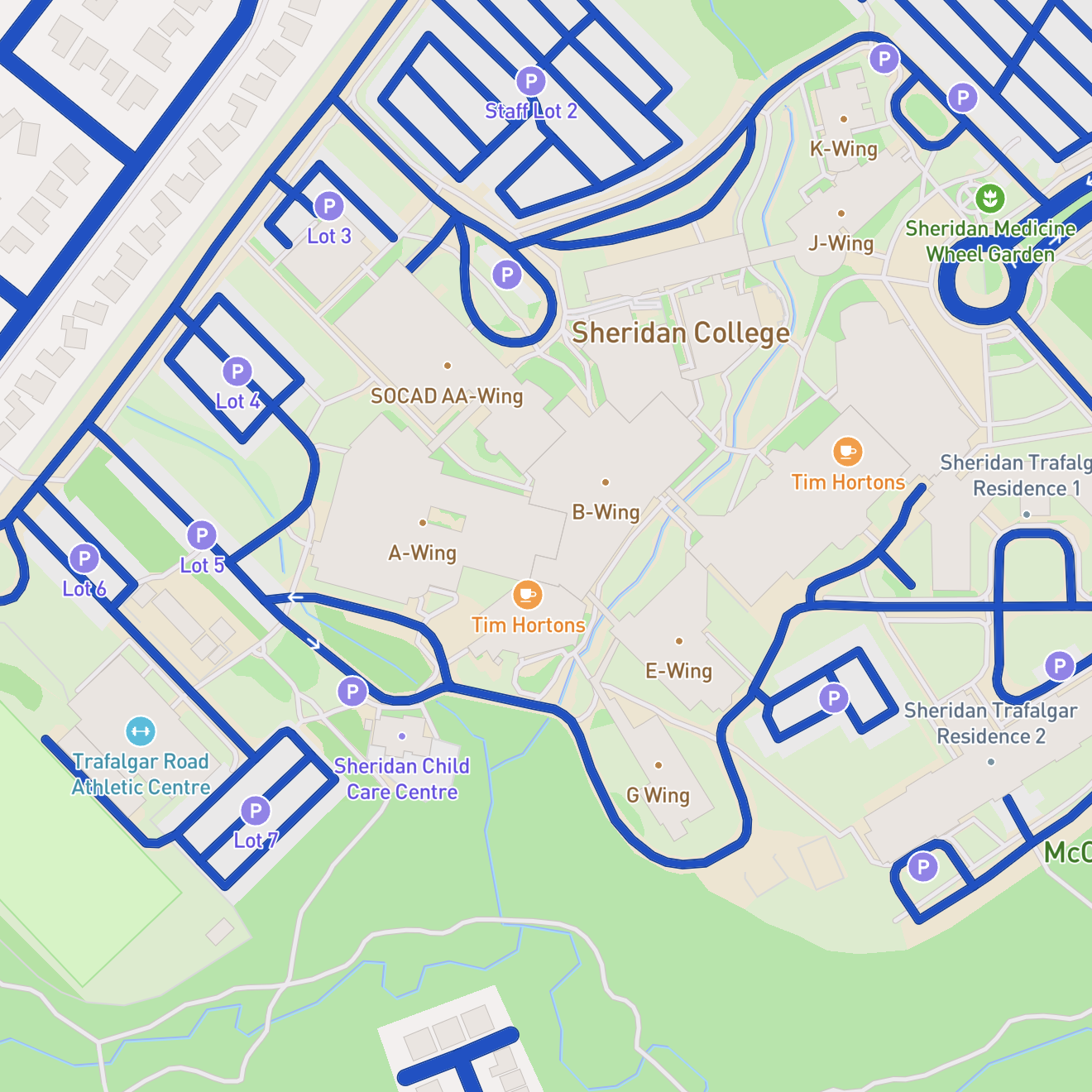 Next I changed the roads to be dark blue so they would have stronger hue contrast, and then I played with the Point of Interest labels. I was pleased to find out there is a decent amount of control over how many labels appear by changing the density slider. This is what I got when I put it at the highest level, Density 5. Your zoom level will change what you can see too, so if you are in the view above and zoom out too far the individual building levels disappear.