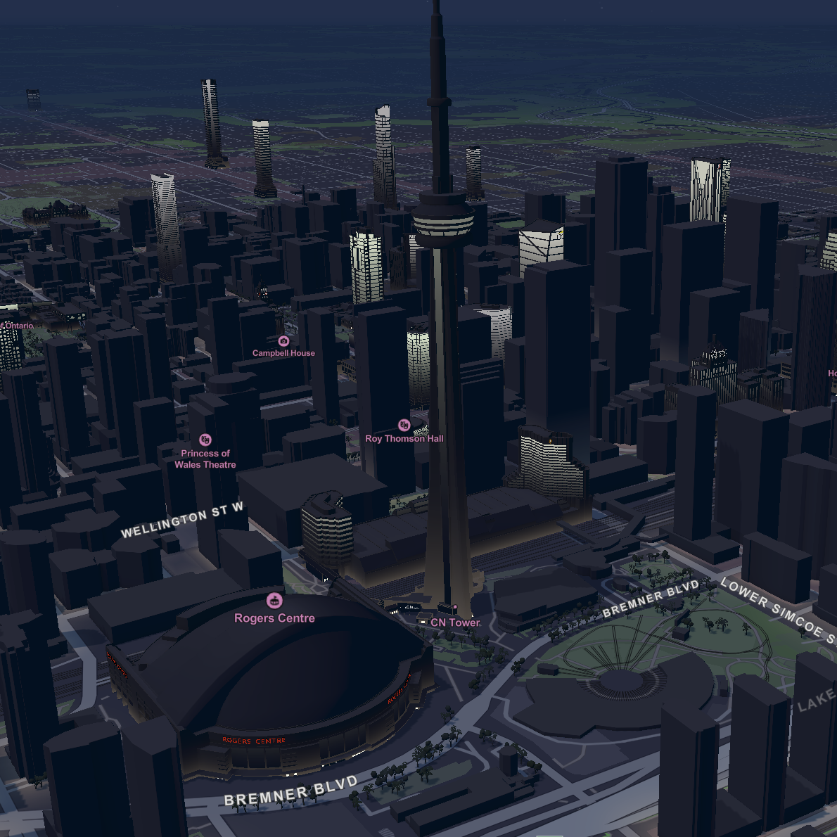 Here I played with the day cycle and went to look at Toronto, because London didn't have a lot of 3D buildings that stand out as much. I can't tell you why some buildings are much more detailed with lights than others, but I believe it's from the dataset and models imported into the default style. I like how it pulls focus to those buildings and adds visual interest, especially since seeing every building at full detail would give you a lot of 'noise' and it would all blur together with nothing standing out much. I left the labels on to call attention to significant buildings in sight.