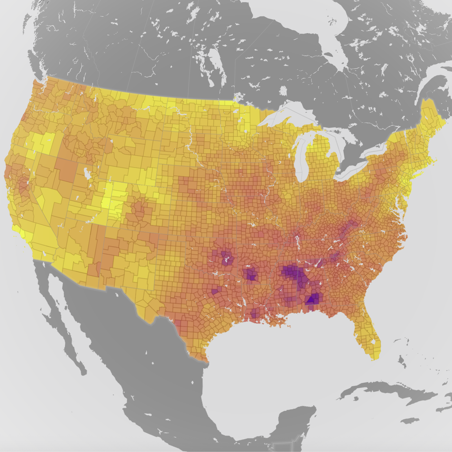 For my final experiment I made a choropleth map to visualize data of the average temperate in the U.S by county. This was one of the more complex things I did since I had to use an outdated style and dataset, so this is how I did it. First I looked online and found a way to access the old styles using the Mapbox API, thanks to a comment on reddit. That was for a different style than the one I needed to follow the tutorial, so I found the name of the one I need and swapped it in the API and thankfully it worked. Next I found a tileset on Mapbox for the average temps in the U.S, and imported it using 'component' then 'data visualization' and selecting the tileset as my source. That component dropdown DOES NOT EXIST in any of the new UI. It was only there because I imported an older unsupported map and all of its data. This dataset was already prepared so to make it look nice all I had to do was turn off every layer except the water and country boundaries. I also had to disable the land layer because it completely hid the data visualization, so I got rid of the transparent areas the visualization didn't cover by adding a background layer and dragging it to the lowest place. Next I played with the colour style settings of the data to make it look more like a real map I've seen on TV or weather websites, and added in the borders for each county to give a clear distinction between the ones that have a very similar colour. The end. I'm happy with what I've learned about Mapbox so far, but I wished their documentation was up to date. Oh also in this visualization, the data is from NOAA and it's tracking the average temperature change between 1895-2019, purple is going into negative temperature changes, and yellow is going into positive temperature changes.