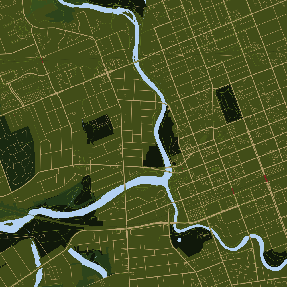 I found a layer for road tunnels and looked around to see if London had any extensive tunnels, because that would be interesting to show. Turns out, this is most of it, excluding 2 more on the east side I couldn't capture in the square ratio. I made them red to contrast so I could find theme easily. I will not be including these in the final because they don't offer any significant visual impact.