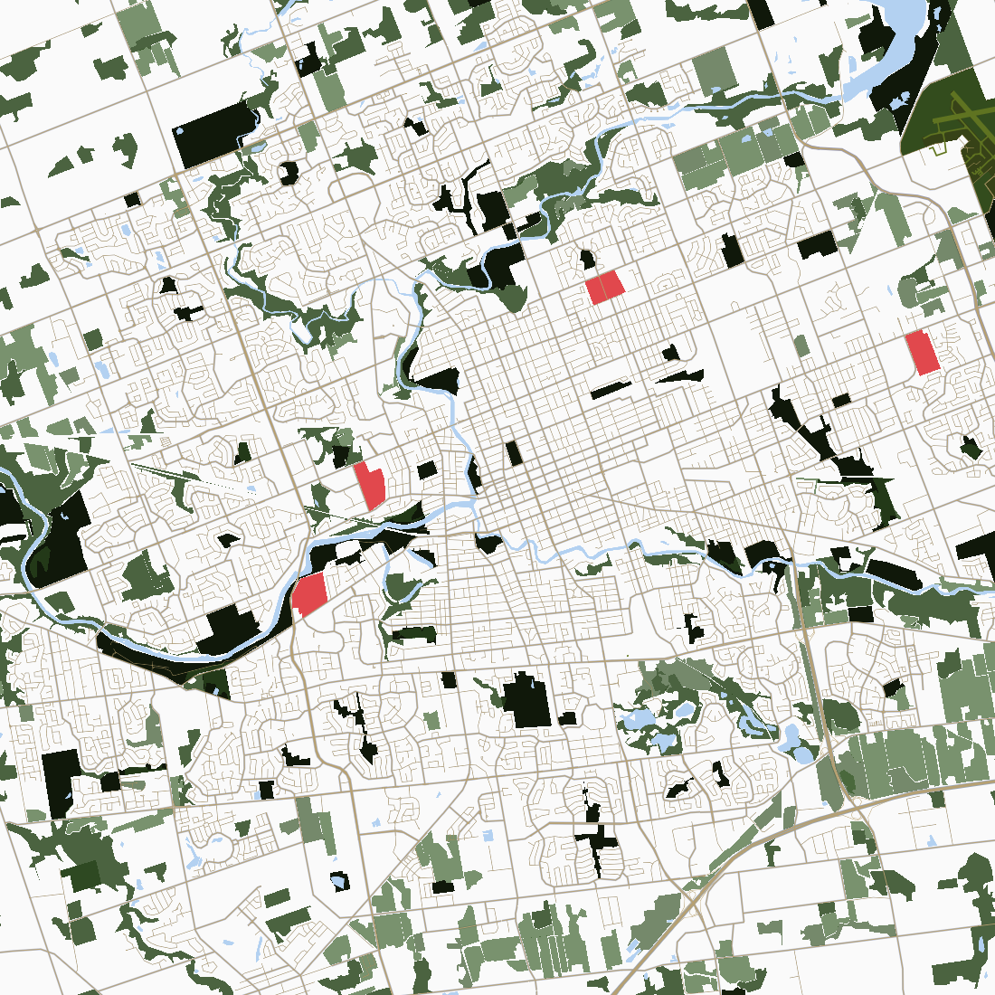 I discovered there are even more granular levels of what you can control within certain layers. This is a copied version of my Cartogram style, and this time I played with the land use filter and turned cemeteries red. The rest that is green is a mix of wooded area, agriculture, parks, grass land, and sandy regions. I also realized at this point the flat colour background can be very useful for exporting individual layers and isolating them from everything else in the map.