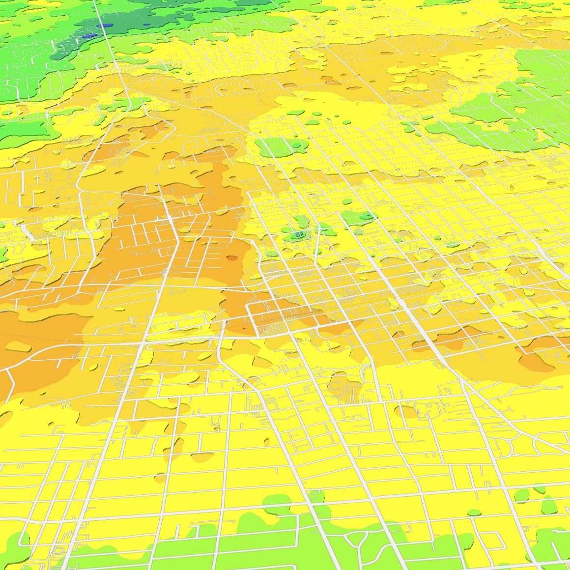 I copied my 3D topology style and compressed it massively to see what London's topology looks like in 3D. I set the range from 200 meters to 300 meeters, going up 25 meters at a time. This pointed out to me that London's highest density development and downtown core is in the flat plain where the river splits 3 ways (river isn't visible in this image, didn't know how to make it show up). That makes a lot of sense to me because back when London was founded settlers already knew a bit about city development, so they would have went with the easiest route to build up first and not spend time transforming the landscape to their needs until later as the city expanded.