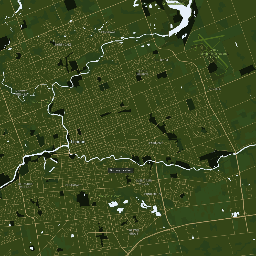 I grabbed a photo of Victoria Park in London, and used it with Cartogram to make this style. I used the brassy/gold for the roads to make them pop against the green, which was selected from tones in the trees to define the land and greenspace colours. I used the pale blue sky for the water, and the white of clouds for the place labels. Victoria Park is a prominent meeting space in London to this day, and has a lot of historical importance, so it will is a strong contender to influence the visual style of my map.