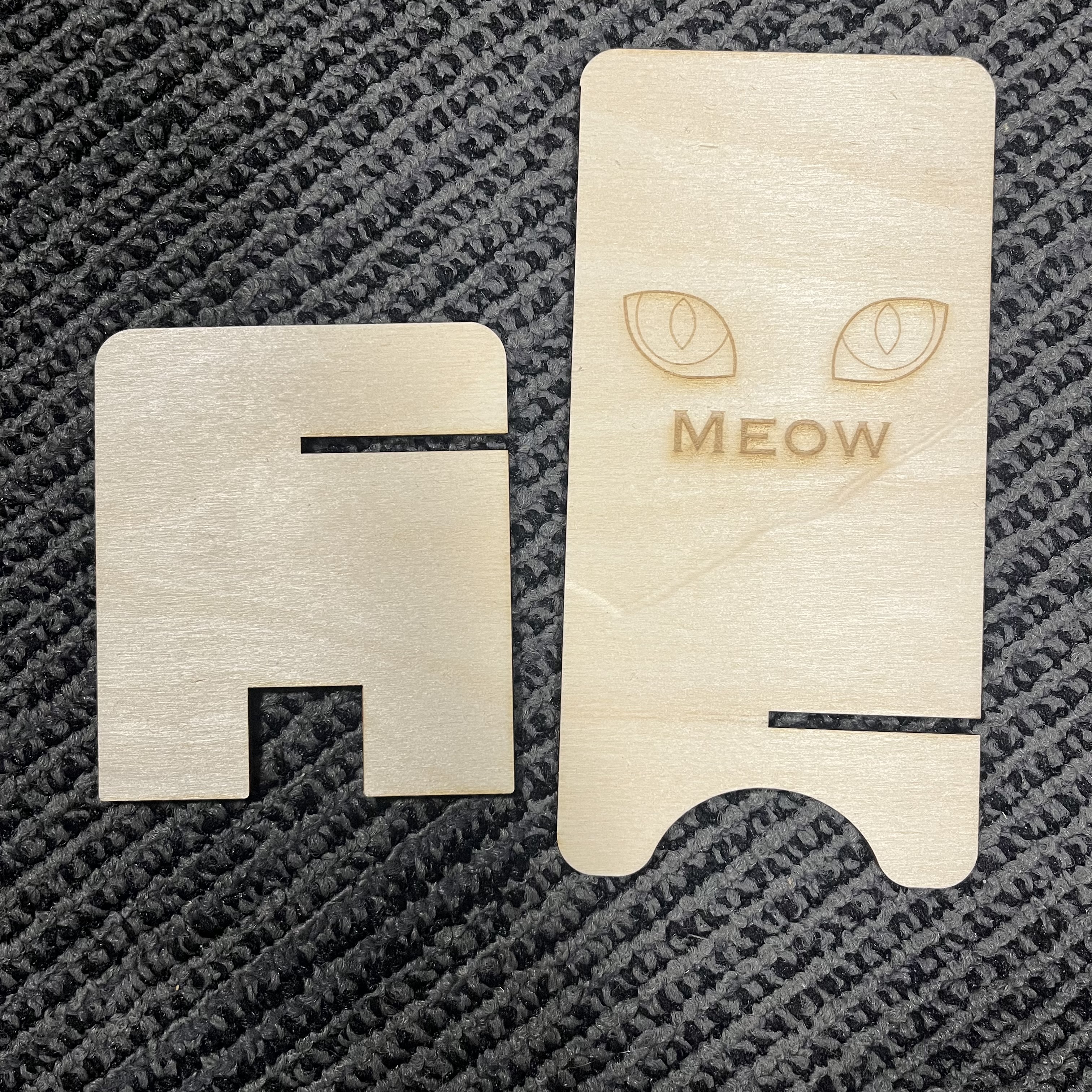 This is the phone stand, unassembled, that we did as a demo intro to laser cutting in class. I worked in a group of 4 with Emma handling the submission to the laser tech, and then we went and watched for a bit as it was cut out. It was cool to see how it works. When it was done it had some burns around the edges so I sanded it lightly to buff it out, but didn't get a photo before hand.