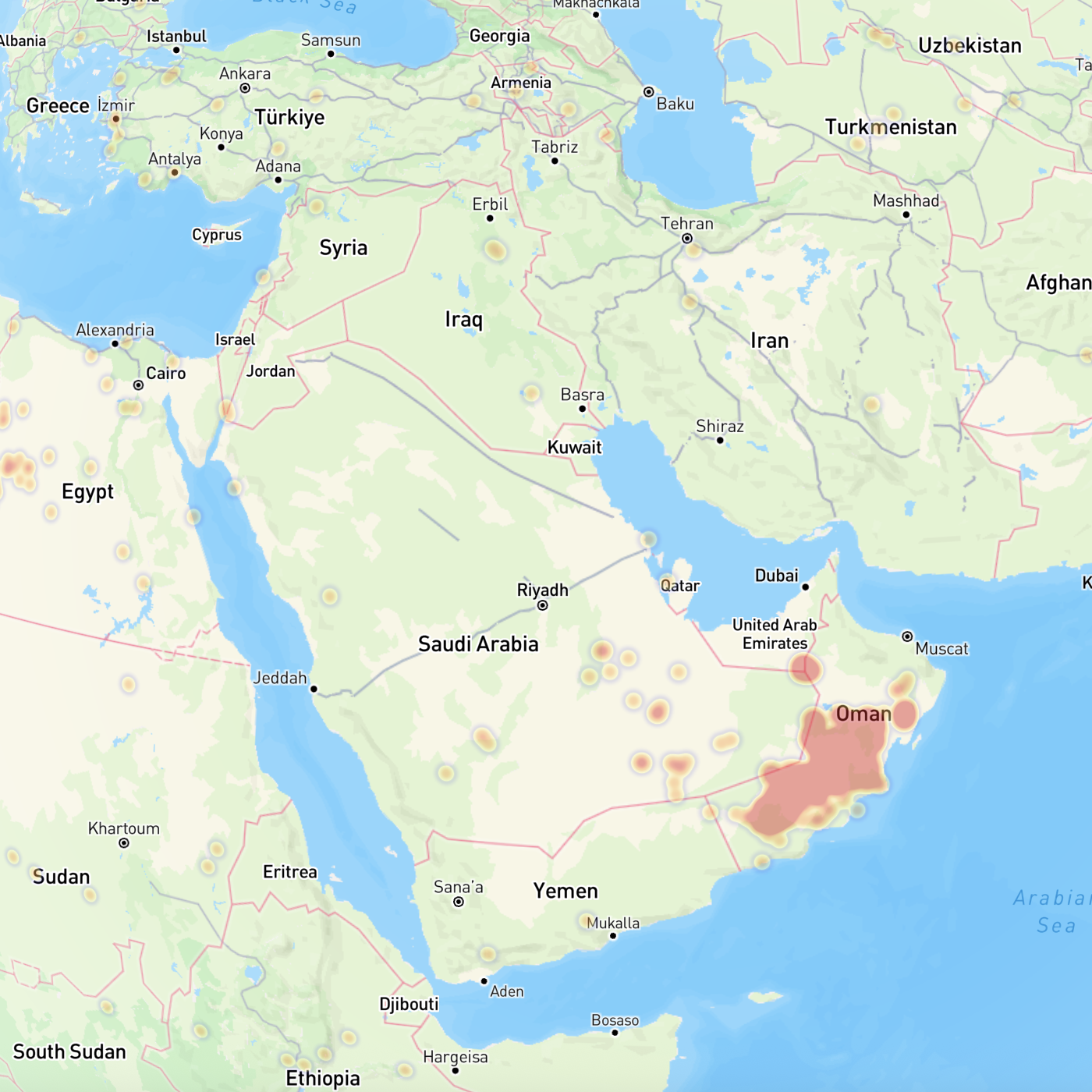 This is another heatmap, showing meteorite strikes across most of the Middle East. I don't know why Oman is such a high impact area but this map shows it seems to be the prime target for celestial rocks crashing into Earth in that region.