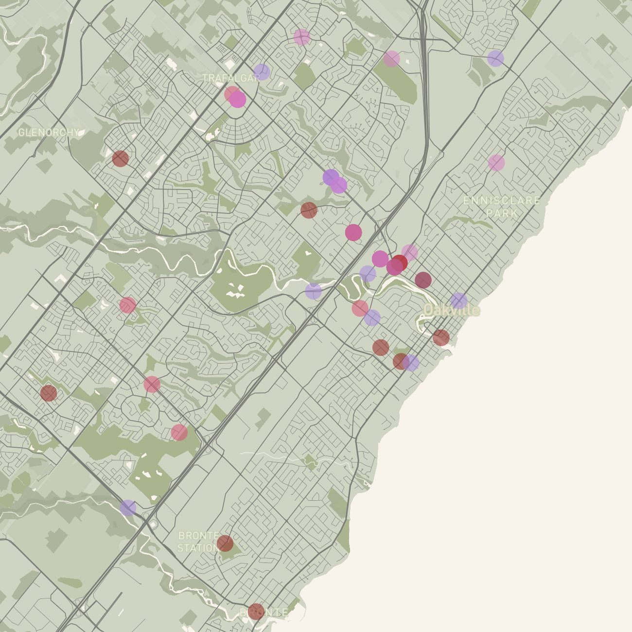 I played with the bicycle data in the tutorial, this time showing it with a different colour scheme. I went with a light purple as the furthest away, and the most recent bike thefts have a deep red to signify recent danger. I'm kind of surprised there aren't more in this dataset, I would have assumed it would be about double for the July-September time span because of summer.