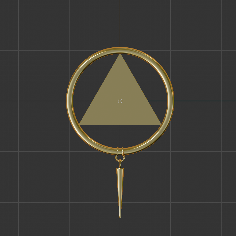 I started by creating the main ring using a torus and adjusting its size, then the triangle by using a 3 sided cylinder. Next I made the small rings that connect to the spike by using the torus again at a much smaller scale and changing their axis in the attribute manager. The spike was made using a cone with a bevel to give it a slightly blunt tip, and everything was aligned using the top and right side non perspective views. I learned from the Stanley Tumbler to test the metallic materials early so I copied the Stanley material and tested it with the lighting from my Stanley model, and didn't find any distortions. I tweaked the colour of the basic material and the anisotropic layer to get it as close as possible, and reduced the roughness from 50% to 20% so it looks a lot closer to the real object.
