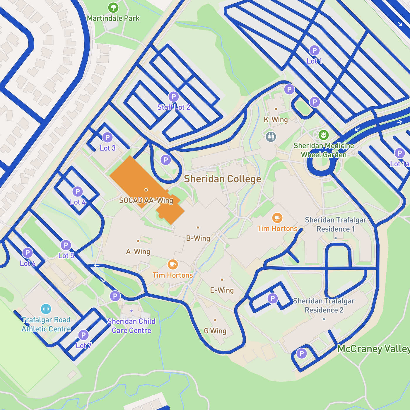 Here I discovered Mapbox has interactions and selected a building 'on hover' interaction, changing the colour from the original state to orange. This could be a fun way to point out buildings in an interactive map display. There is also an option for 'on click' which is blue and will be visible in my next image. I highlighed the AA wing in this example because I'm in AA1A right now as I'm working on this.